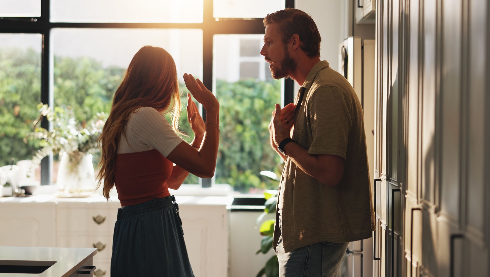 Home, fight and couple with divorce, angry and communication with argument. Apartment, man and woman with toxic relationship, disagreement and frustrated with conflict, shouting and marriage fail