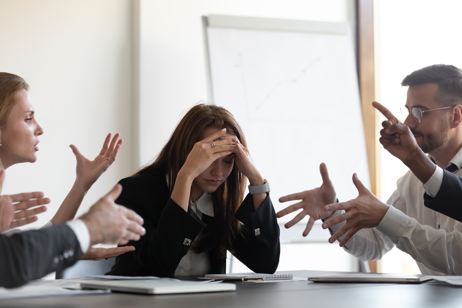 Frustrated millennial female worker felling tired of working quarreling.